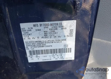 2008 Ford F-150 Fx2/Stx/Xl/Xlt z USA, uszkodzony, nr VIN 1FTRX12W48FC05274